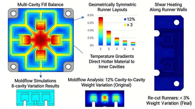 Moldflow simulation showing cavity-to-cavity weight variation and shear heating in multi-cavity runner systems Moldflow simulation showing cavity-to-cavity weight variation and shear heating in multi-cavity runner systems