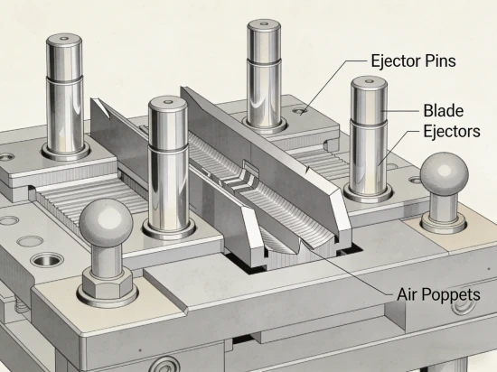 Mold ejection system components including ejector pins, blade ejectors, and air poppets for deep-draw cores Mold ejection system components including ejector pins, blade ejectors, and air poppets for deep-draw cores