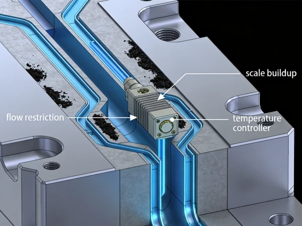 Injection mould cooling circuit inspection showing flow restriction and scale buildup affecting temperature controller efficiency Injection mould cooling circuit inspection showing flow restriction and scale buildup affecting temperature controller efficiency