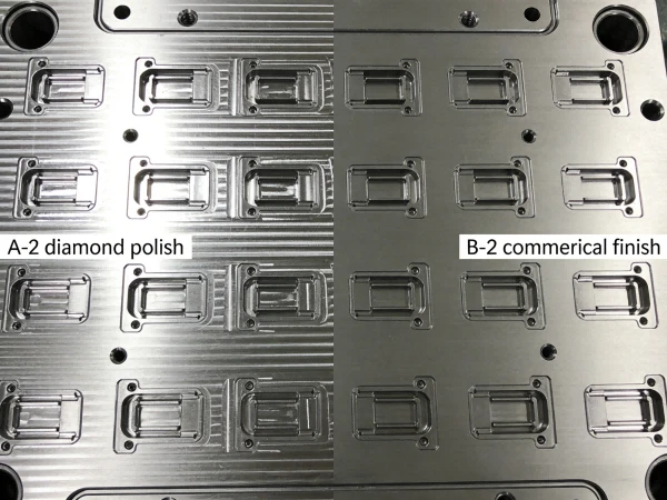 High-precision 32-cavity medical connector mold showcasing A-2 diamond polish and B-2 commercial finish differences for production efficiency High-precision 32-cavity medical connector mold showcasing A-2 diamond polish and B-2 commercial finish differences for production efficiency