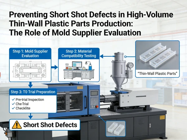 Injection molding machine producing high-volume thin-wall plastic parts, illustrating the importance of evaluating mold suppliers to prevent short shot defects before T0 trials Injection molding machine producing high-volume thin-wall plastic parts, illustrating the importance of evaluating mold suppliers to prevent short shot defects before T0 trials