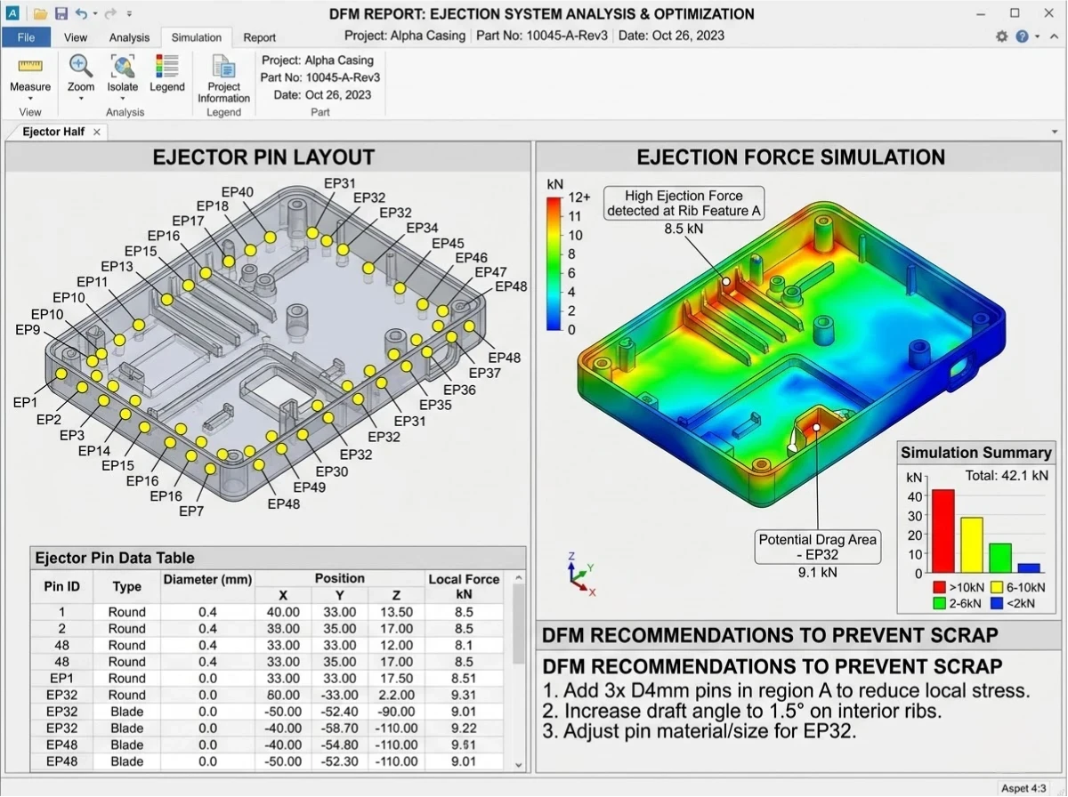 DFM report showing ejector pin locations and ejection force simulation for plastic injection molding to prevent scrap cost DFM report showing ejector pin locations and ejection force simulation for plastic injection molding to prevent scrap cost