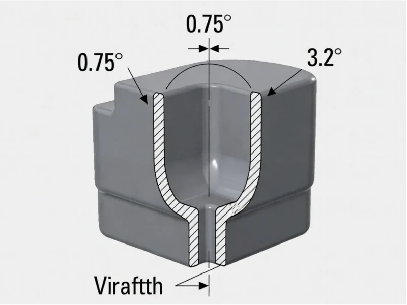 Diagram showing 0.75 degree draft angle taper on vertical walls of an injection molded medical device part to prevent surface scratches and sticking during the manufacturing process. Diagram showing 0.75 degree draft angle taper on vertical walls of an injection molded medical device part to prevent surface scratches and sticking during the manufacturing process.